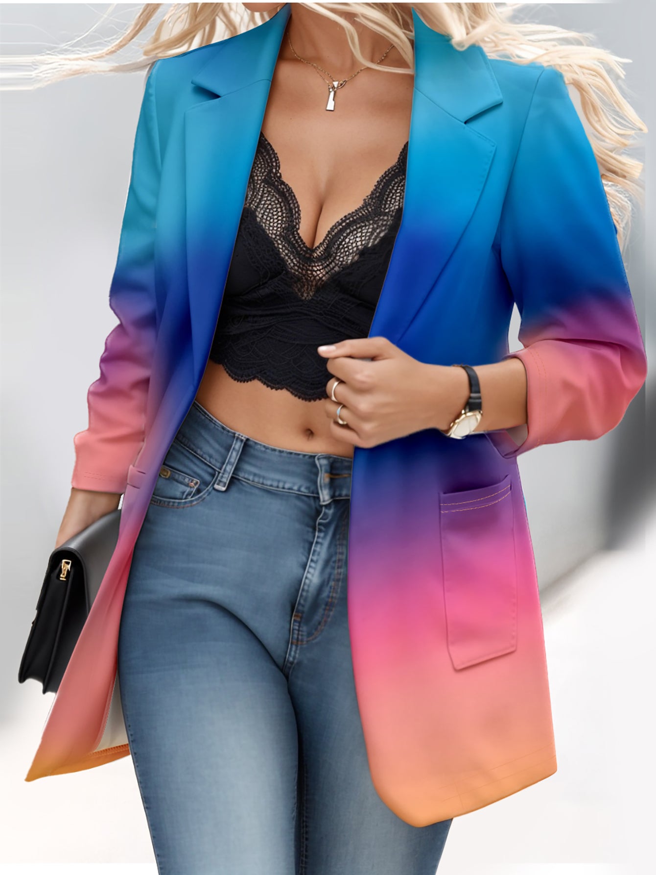 Women Elegant Gradient Turndown Collar Pocket Blazer 6