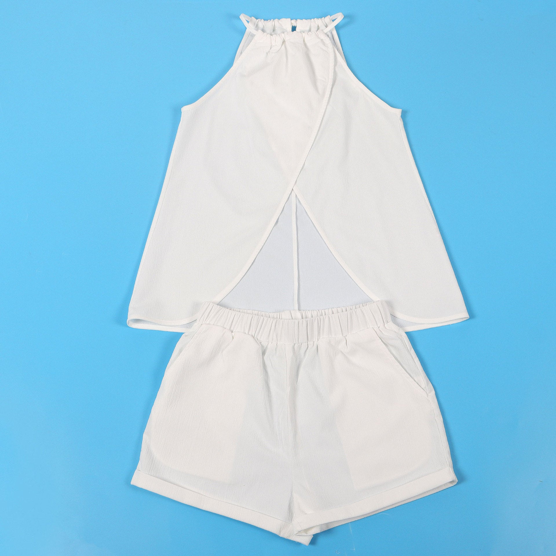 Women sexy solid slit halter neck lace-up sleeveless top and shorts two-piece set 35