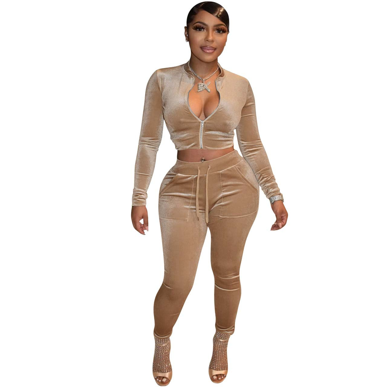 Ladies Fashion Casual Solid color Zip Long Sleeve Two Piece Tracksuit 5