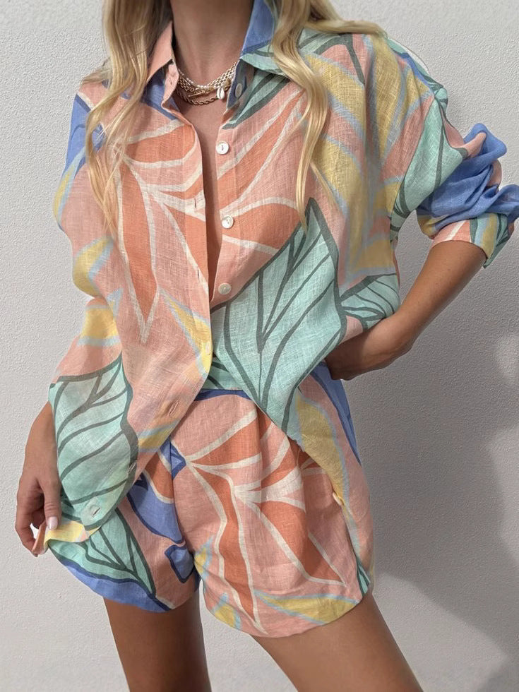 Women Casual Printed Long Sleeve Shirt and Shorts Two-piece Set 3
