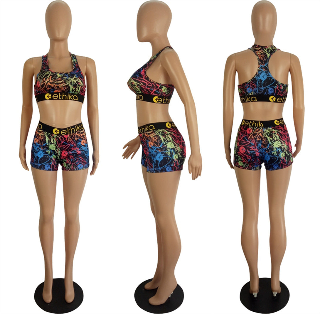 Women's Spring/Summer Slim Style Printed Sports Two-Piece Shorts Set 16