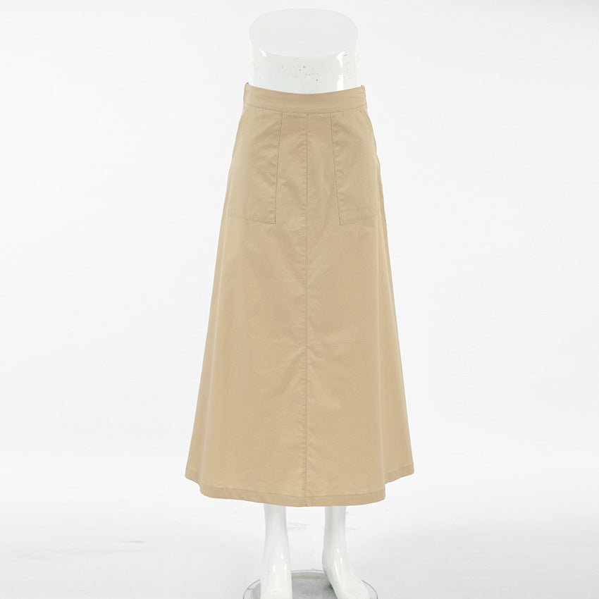 Khaki High Waist Career Long Skirt Autumn Fashion Women's Clothing 10