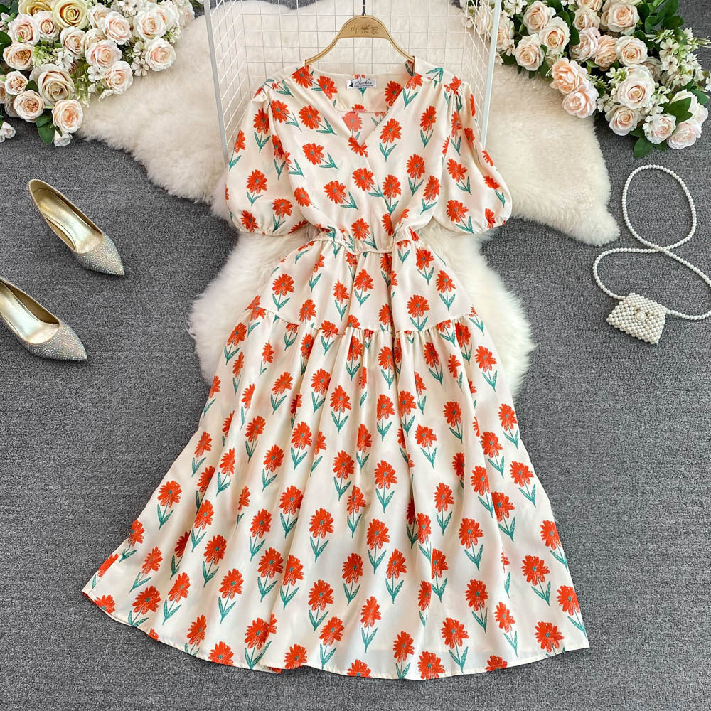 Women Summer V-Neck Puff Sleeve Floral Dress 14