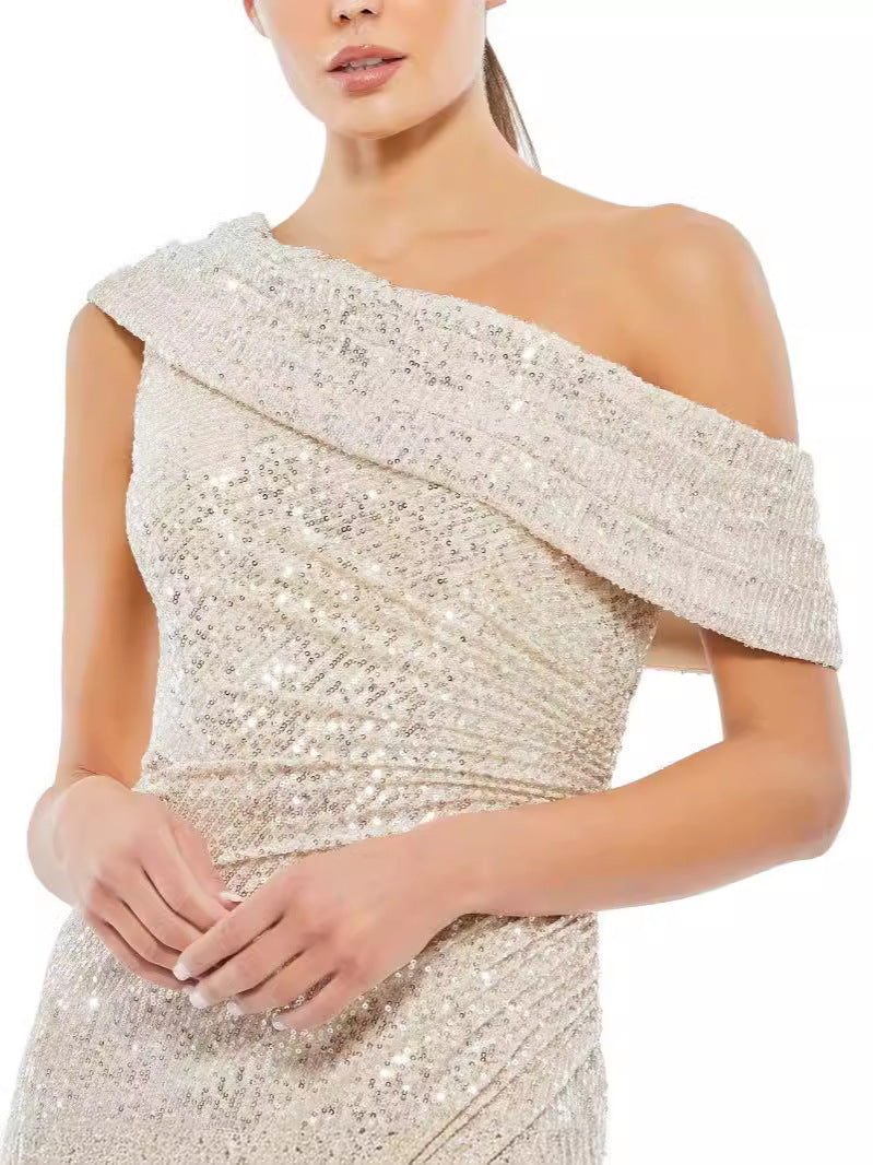 Women Summer Sequined Chic Slash Shoulder Slit Evening Dress 6