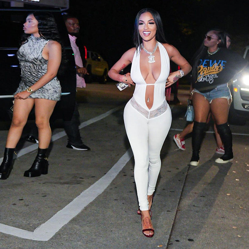 Women Summer Sexy Halter Neck V-neck Backless Lace Hollow Jumpsuit