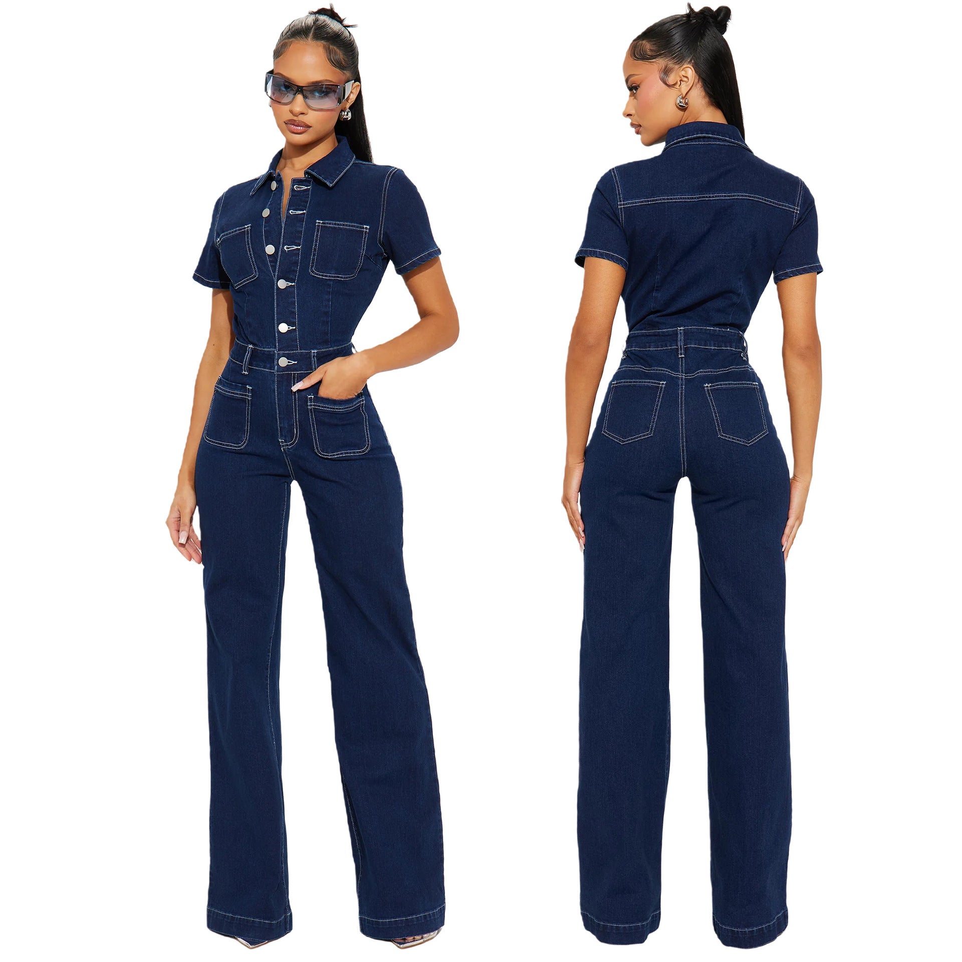 Short Sleeve Washed Denim Wide-Leg Jumpsuit 3
