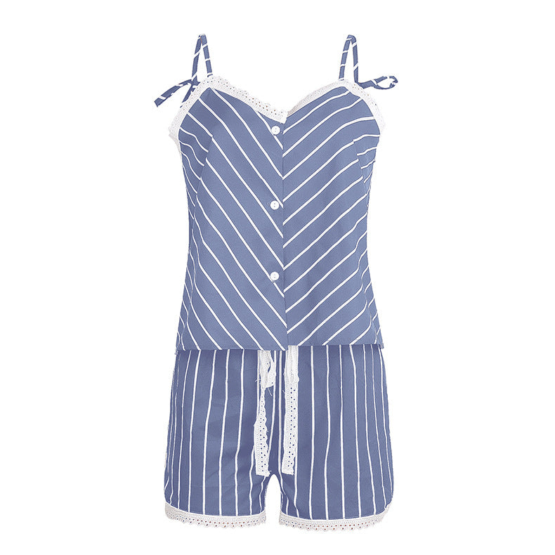 Summer Stripes Printed Strap Pajamas Two-Piece Home Clothes Set 27