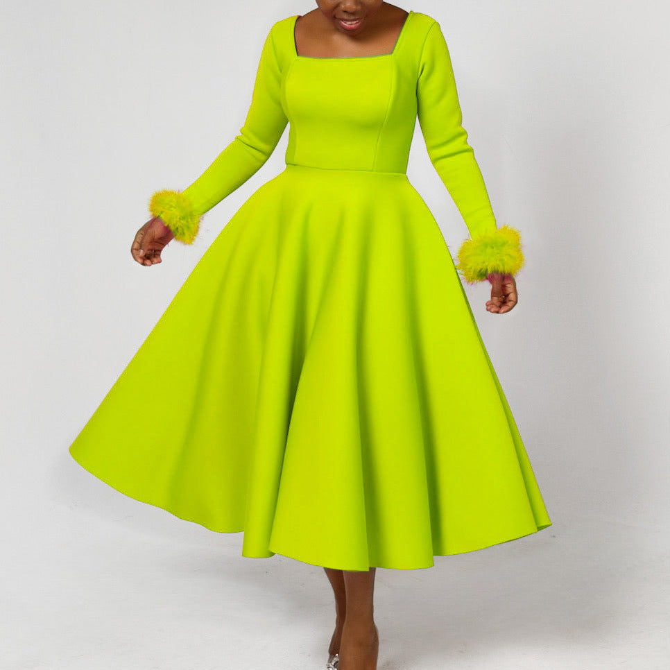 Winter Chic Elegant Fur Decorated Long Sleeve A-Line African Party Dress 5