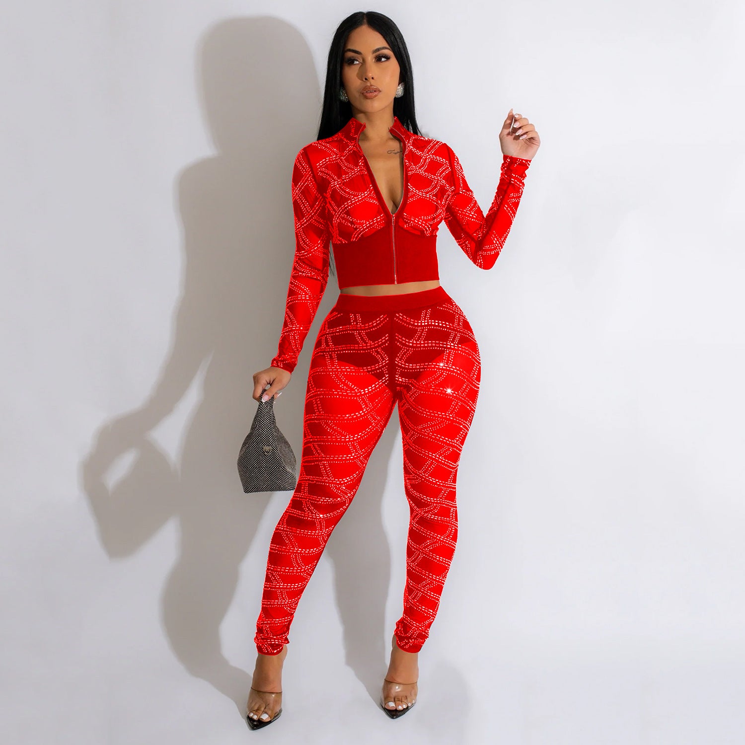 Summer Women's Sexy Beaded Mesh Nightclub Long Sleeve Two-Piece Pants Set For Women 5