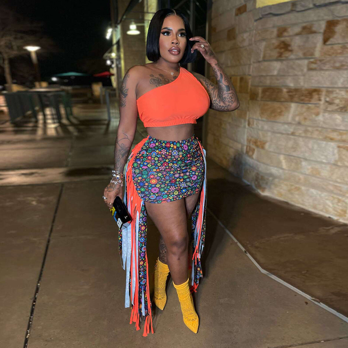 Sexy Fringed Slim Skirt Slanted One-Shoulder Tank Top Two-Piece Set 6