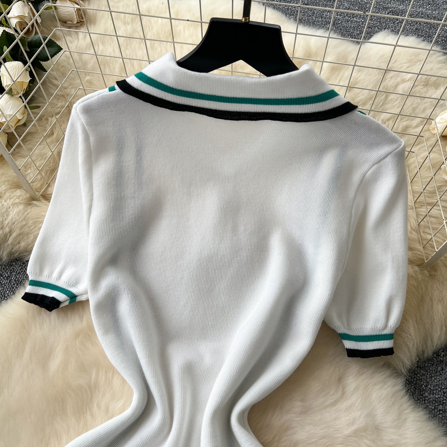 Women's Turndown Collar Contrast Slim Waist Slim Fit Ruffles Knitting Dress 16