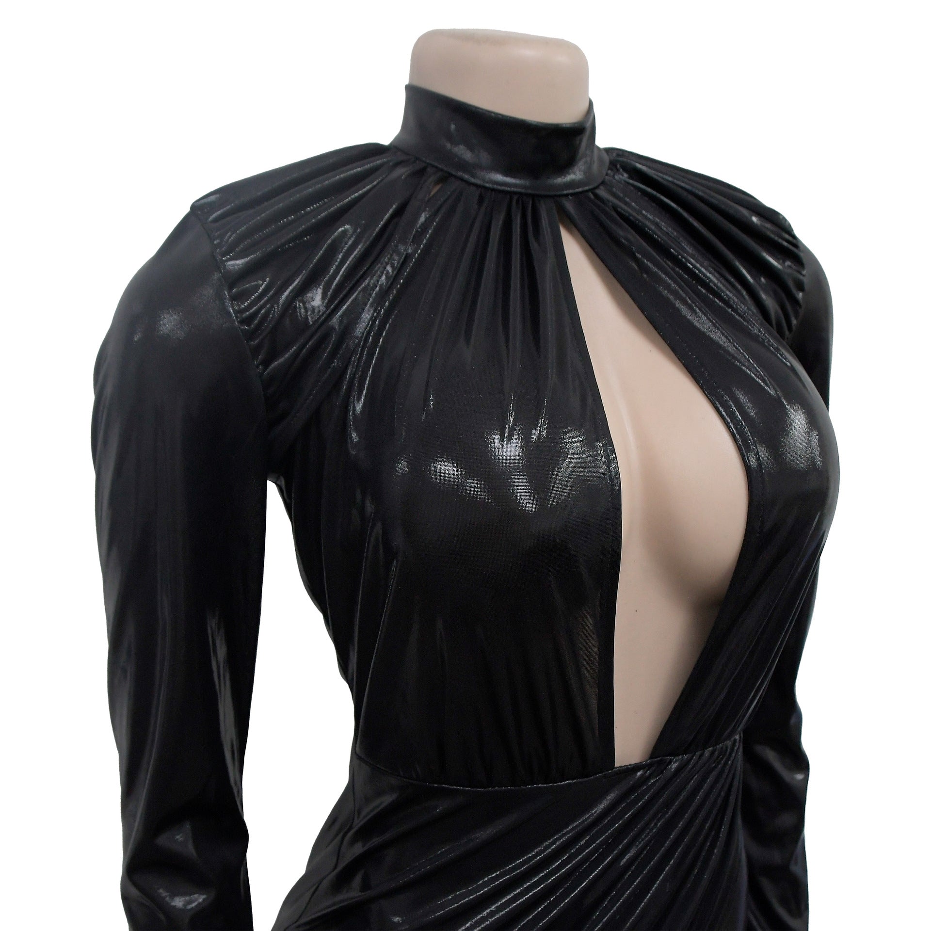 Women Solid Shiny Long Sleeve Pleated Maxi Dress 19