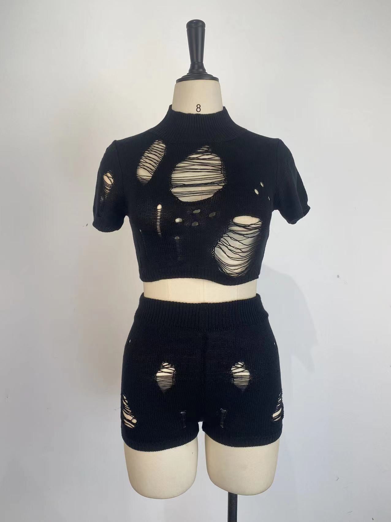 Women Fashion Knitting Tight Fitting Hollow Out Sexy Two Piece Shorts Set Spring Summer 21