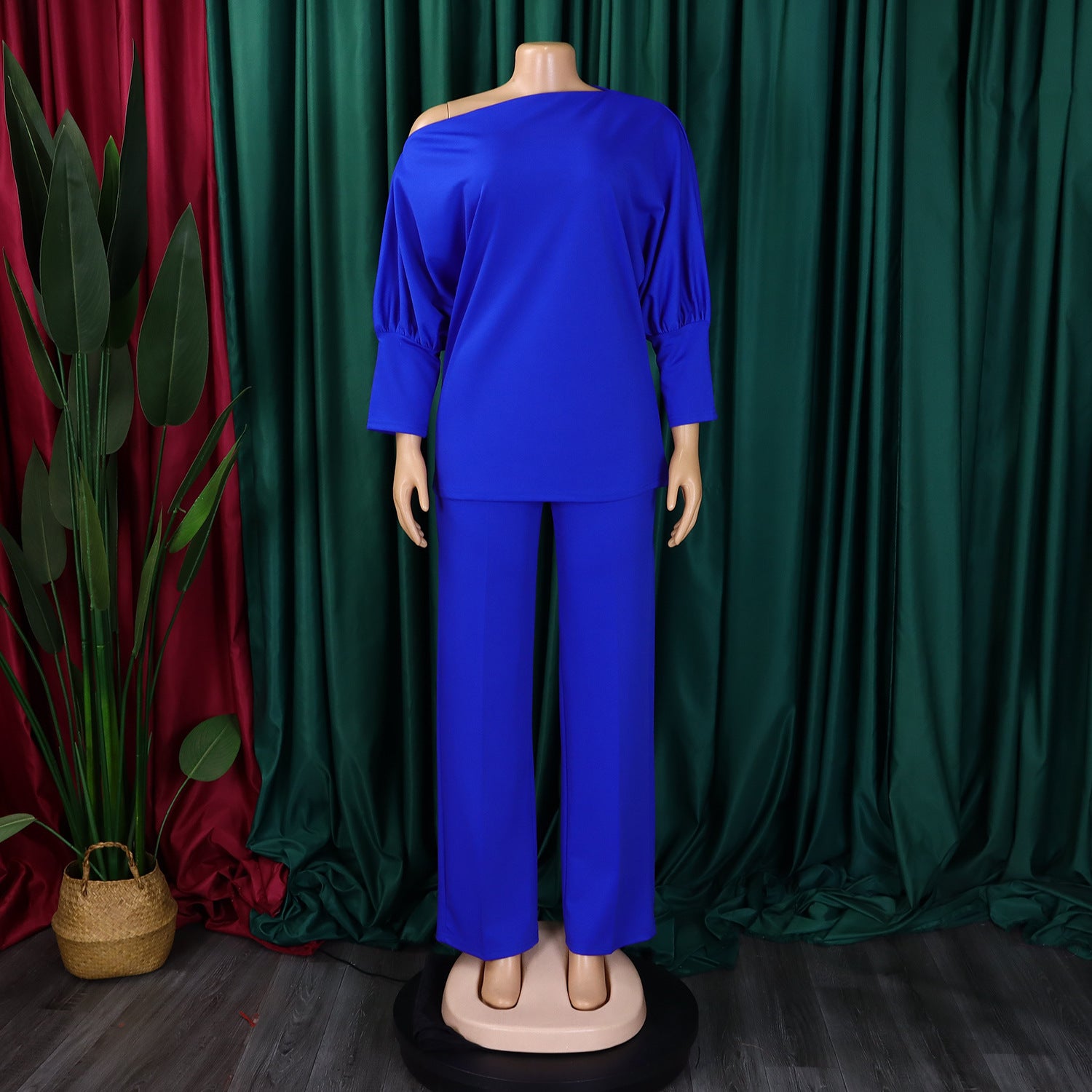 Women's Fall Fashion Solid Color Slash Shoulder Top Wide Leg Pants African Suit 14