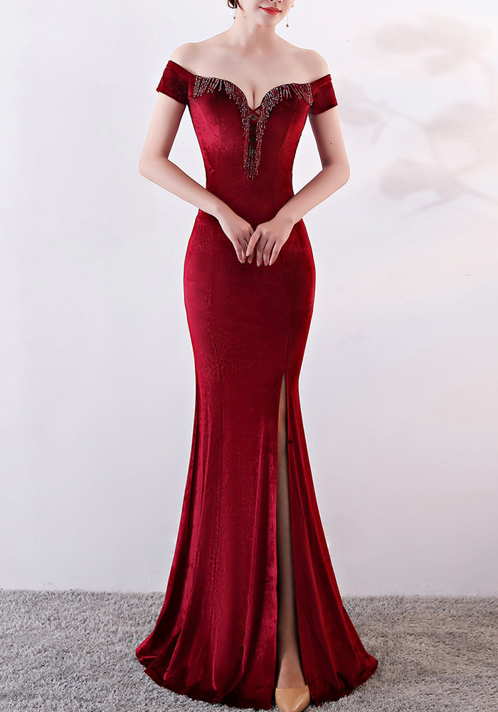 sexy off shoulder mermaid long velvet Formal Party evening dress