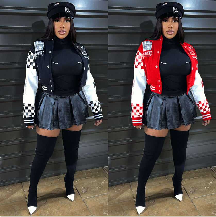 Autumn Winter Contrast Color Print Baseball Jacket 7