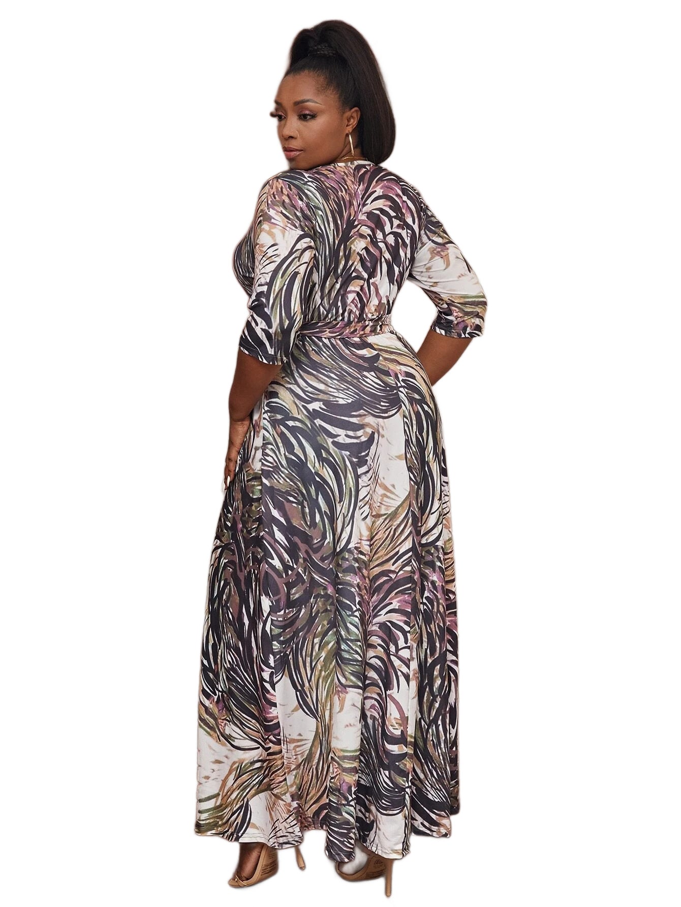 Women Casual V-Neck Leaf Geometric Print Dress 7