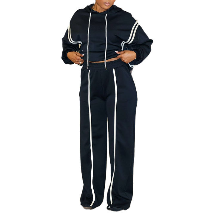 Ribbon Patchwork Hooded Hoodies Pants Two-Piece Tracksuit 10