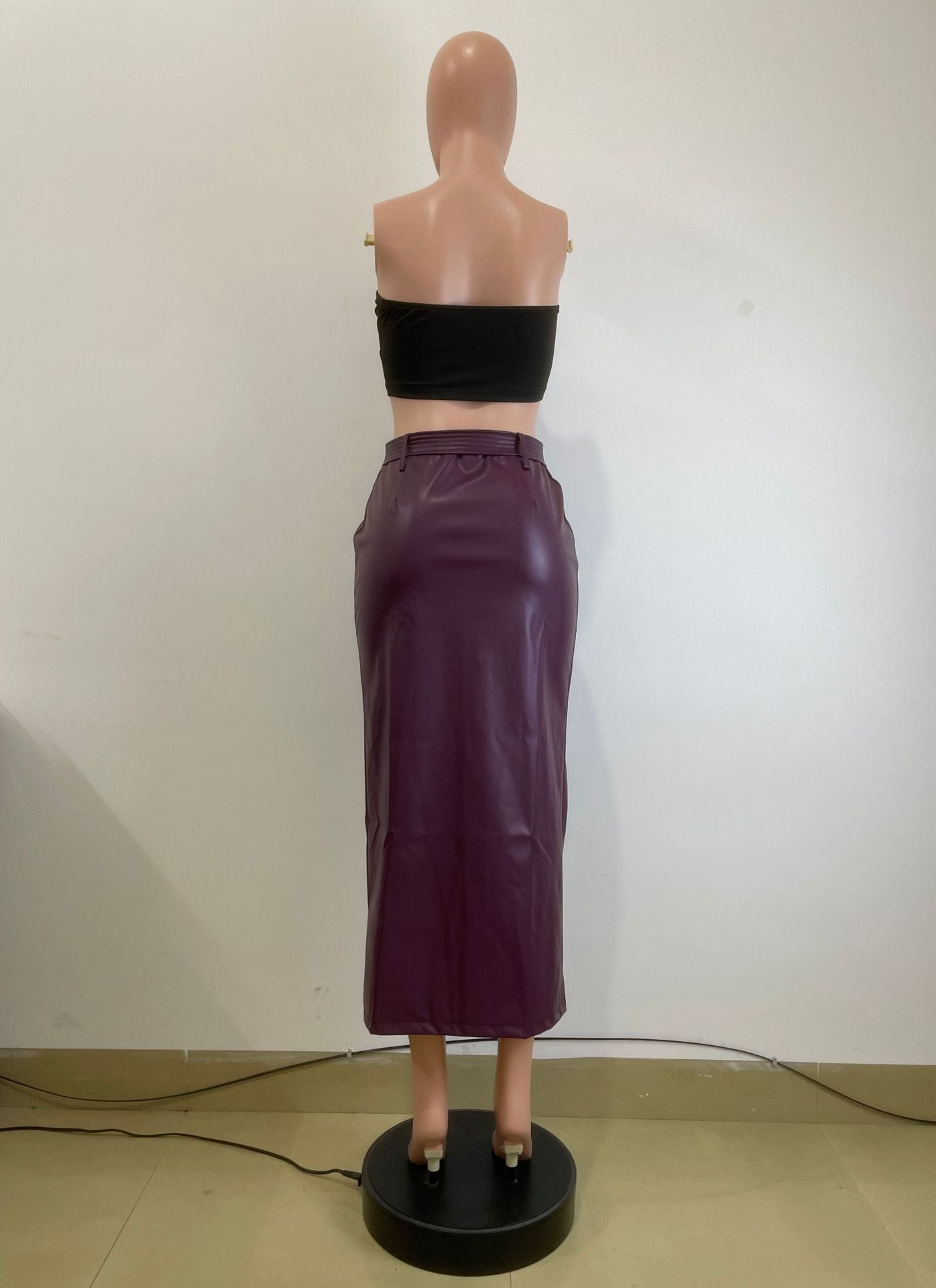 Autumn And Winter Mid-Length Black Pu Buckle Slit  Casual Leather Skirt With Belt 20