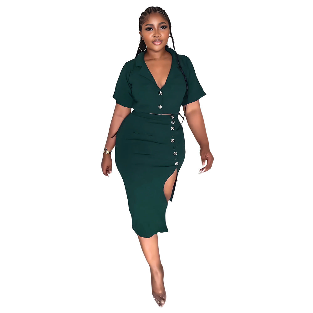 Women Summer Polo Neck Short Sleeve Blazer and Slit Skirt Career Two-Piece Set 10