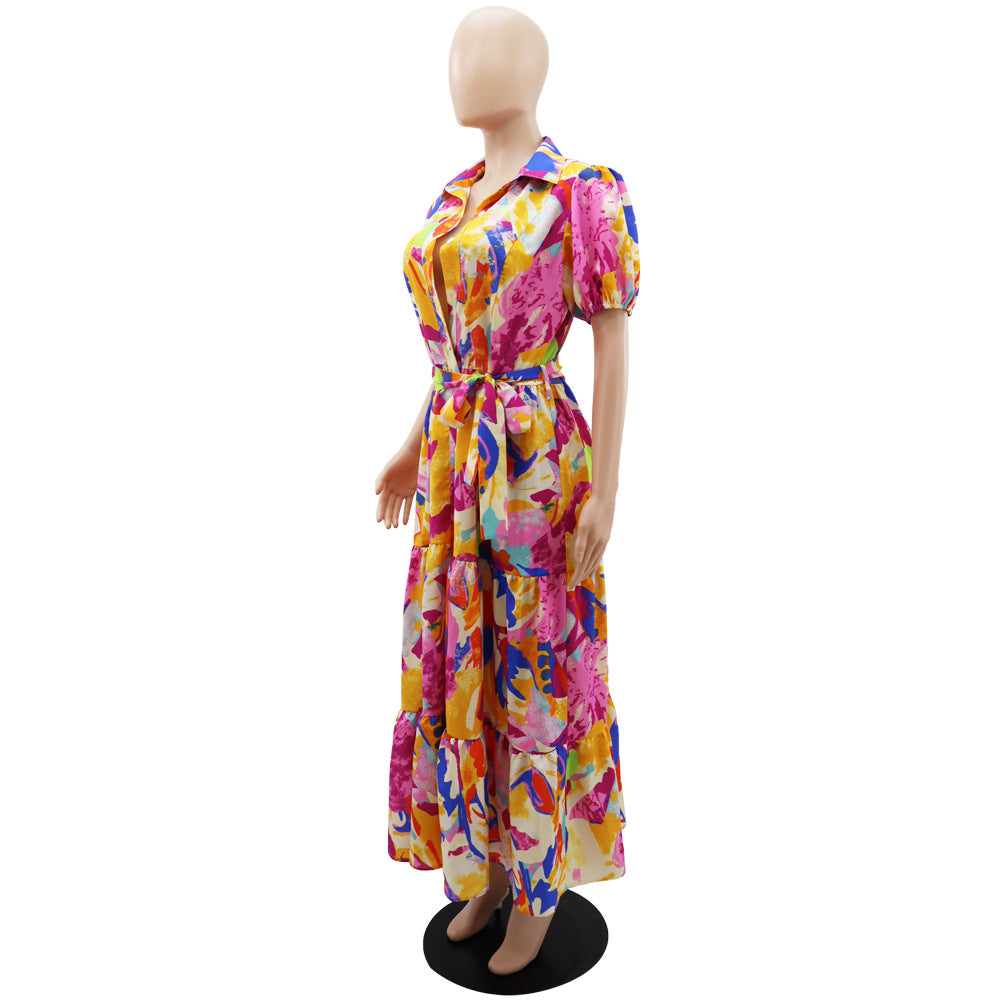 Women Chic Printed Turndown Collar Lantern Sleeve A-Line Dress 6