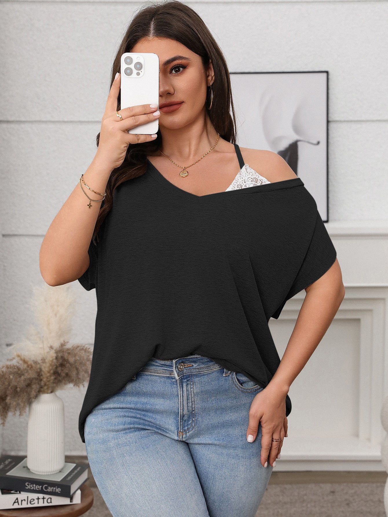 Spring/Summer Women's Plus Size Casual Solid Color Slash Shoulder Bat Sleeve Top 16