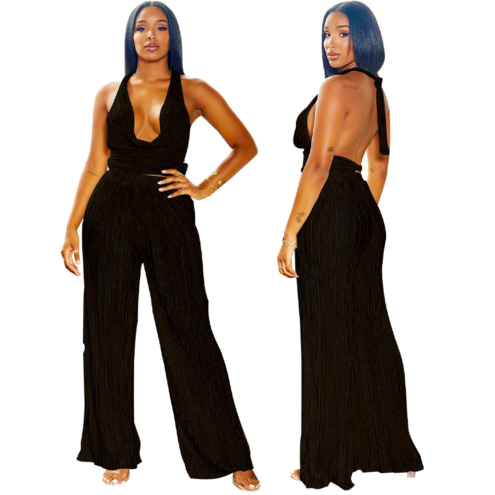Fashion Women's Sexy Solid Color halter Sleeveless Low Back Top Pleated Pants two piece set 6
