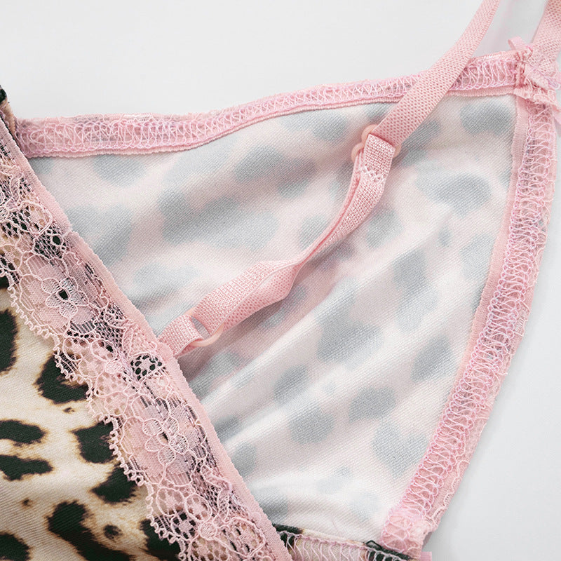 Leopard Print Patchwork Lace Bowknot Strap Top Contrast Color Shorts Two-Piece Set 25