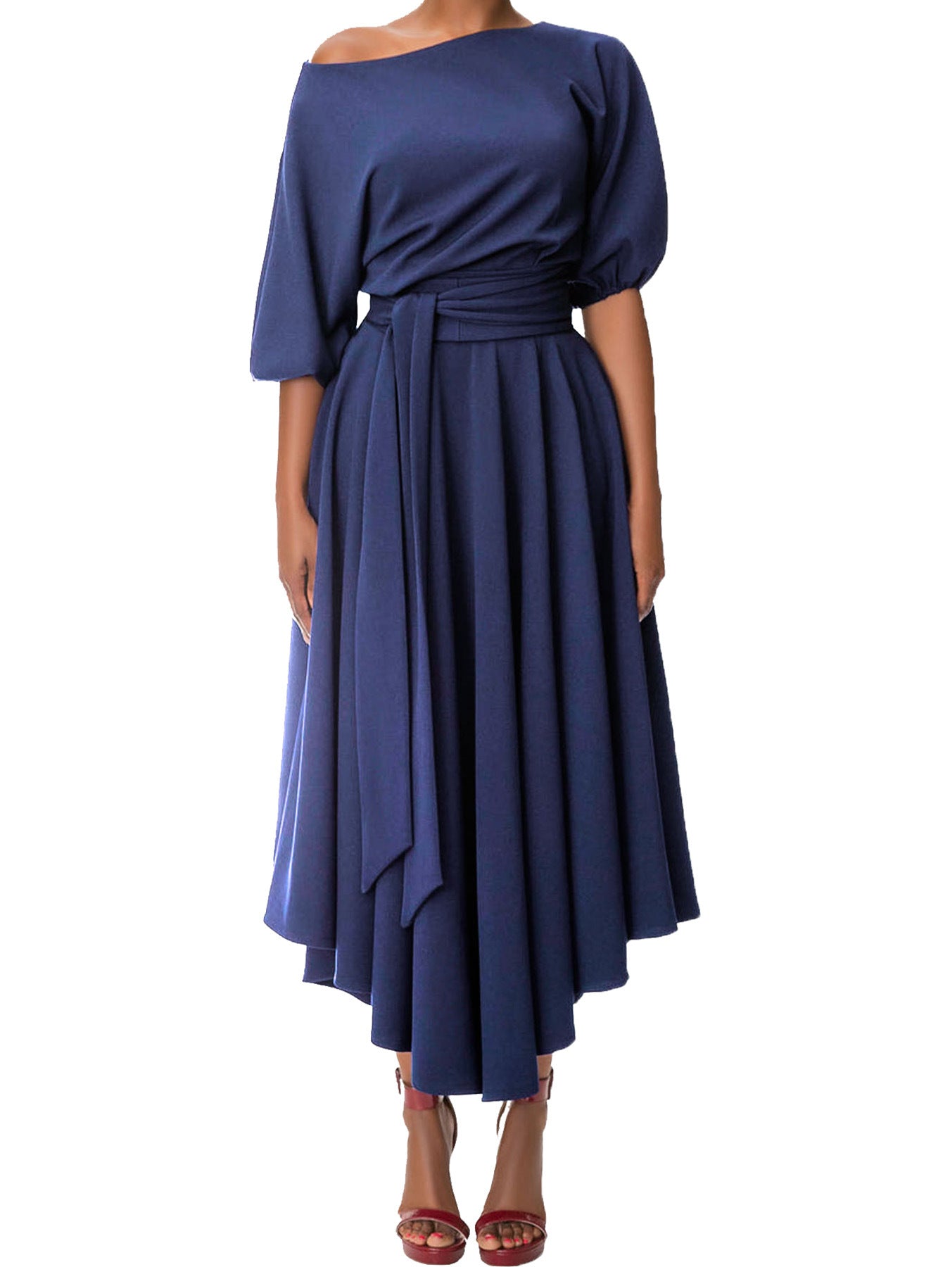 Chic Elegant Solid Color Slash Shoulder Belt Irregular Dress 17