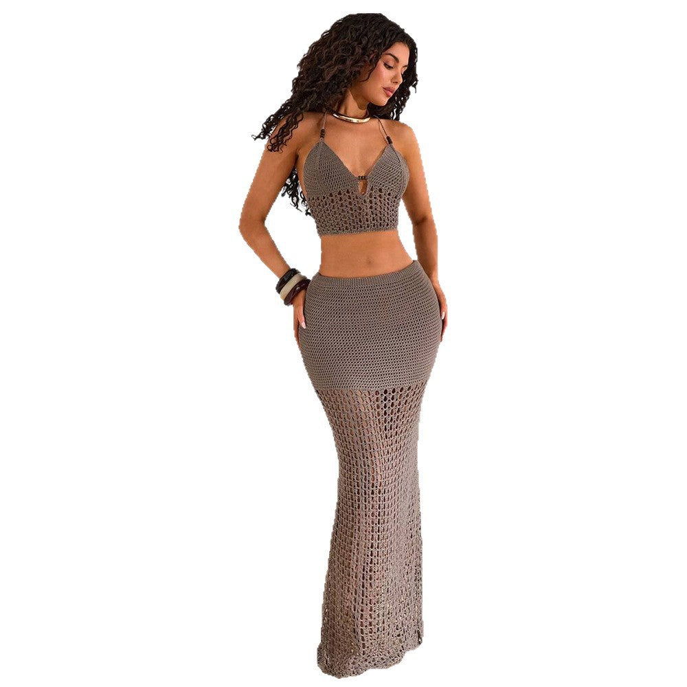 Women summer sexy hollow backless knitted suspender top and skirt two-piece set 6