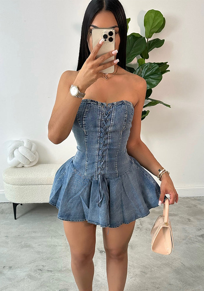 Elastic Denim Women's Zipper Lace-Up Sexy Transparent Strap Short A-Line Dress