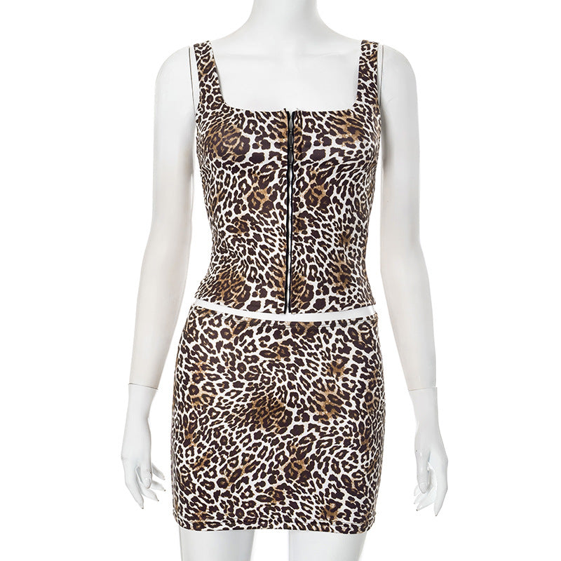 Women Leopard Print Sleeveless Hook-and-loop Vest Top And Skirt Two-piece Set 6
