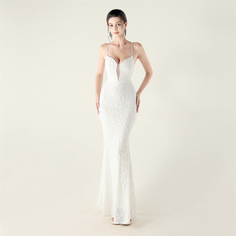 Embroidery Sequin Slim Waist Lace-Up Deep V Neck Strap Formal Party Evening Dress 16