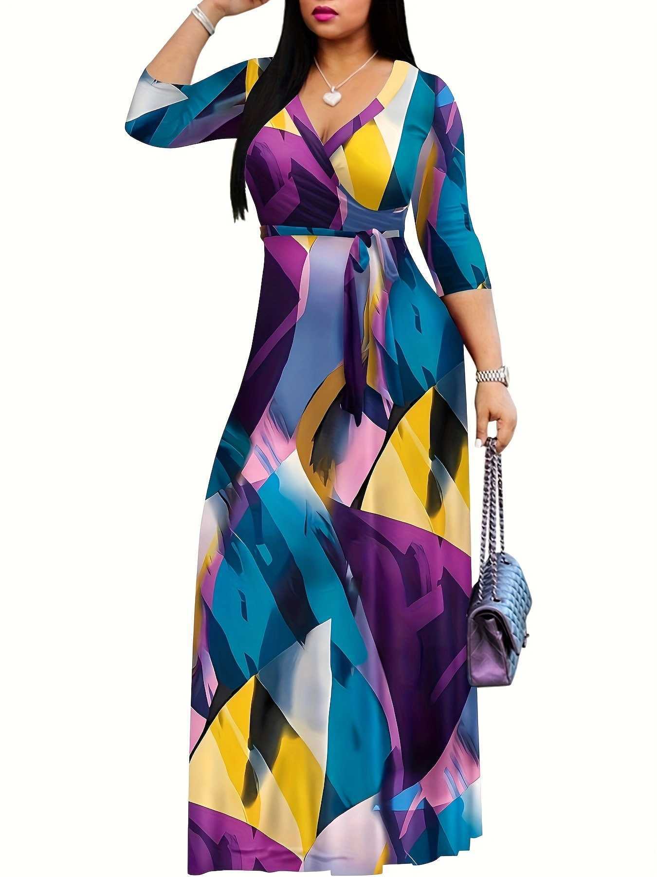 Spring & Autumn Women's Fashion Elegant Wrap V-Neck Half-Sleeve Print Belt Maxi Dress 7