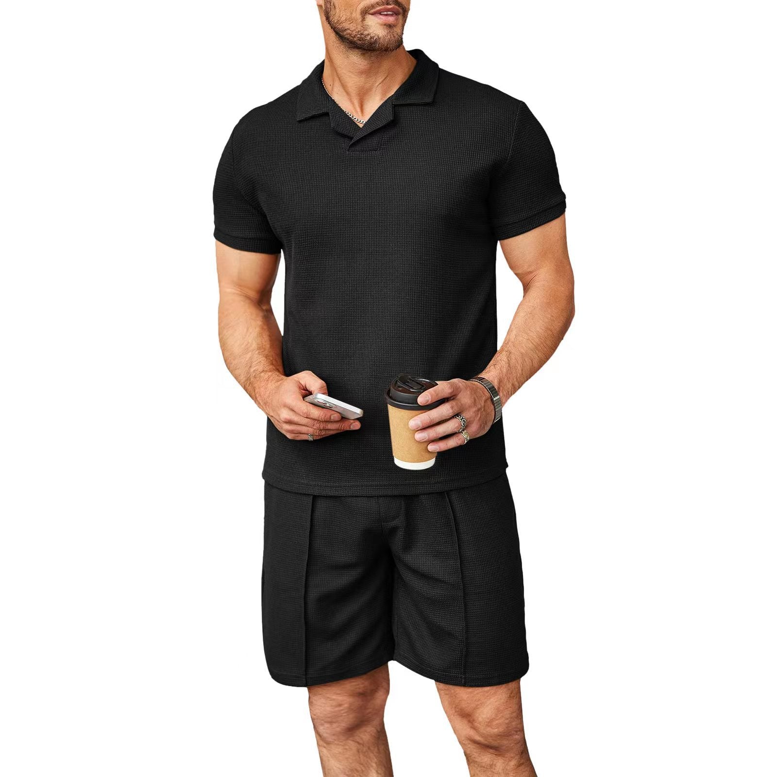 Summer Wafflev Turndown Collar Short-Sleeved Polo Shirt Shorts Men's Casual Fashion Two Piece Set
