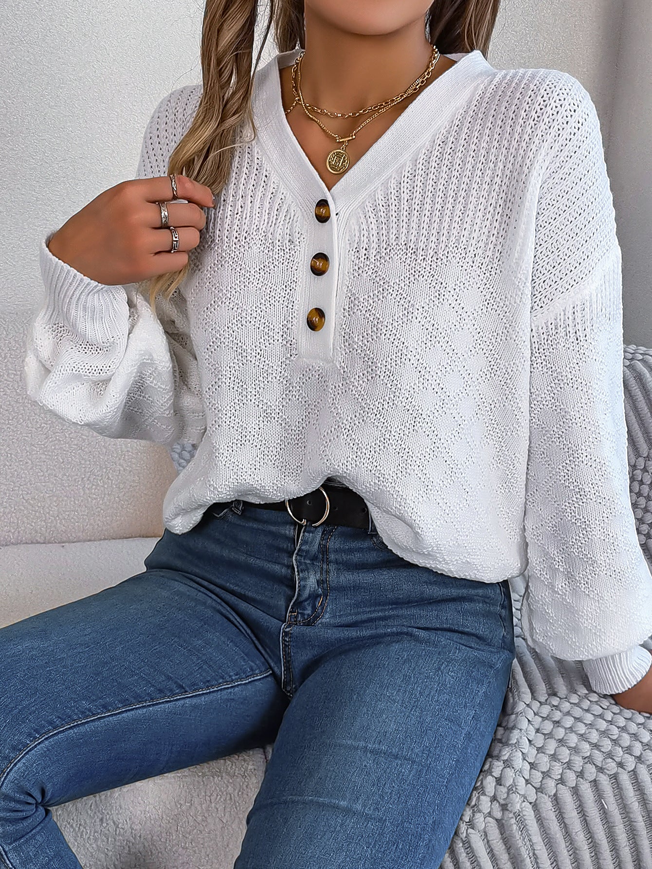 Fall and winter Women Casual loose v-neck buttoned lantern sleeve sweater 6