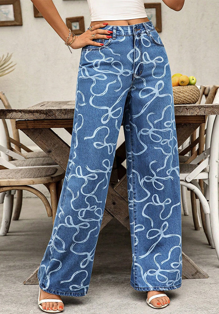 Women Casual Printed Denim Wide-Leg Pants