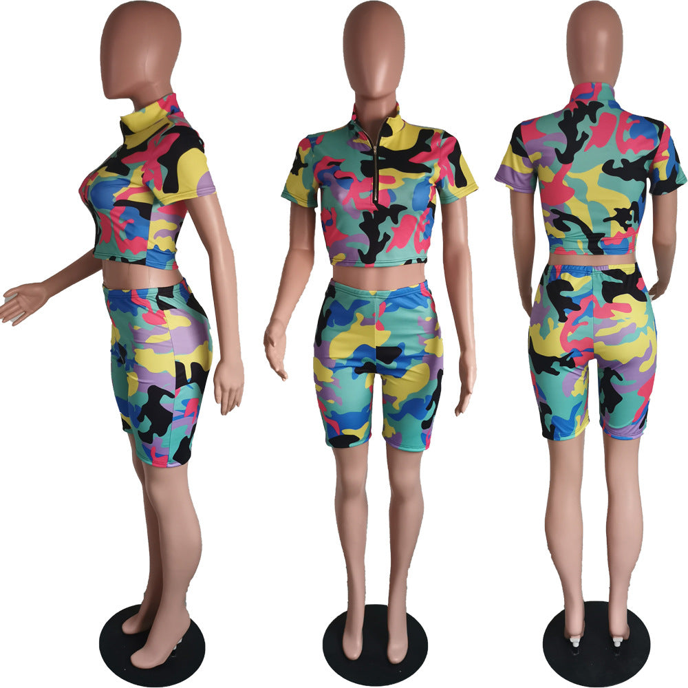 Women's Sexy Camouflage Short Sleeve Zipper High Waist Two-Piece Set 13