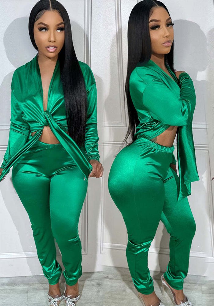 Women Sexy V-Neck Long Sleeve Top and Pant Two-Piece Set