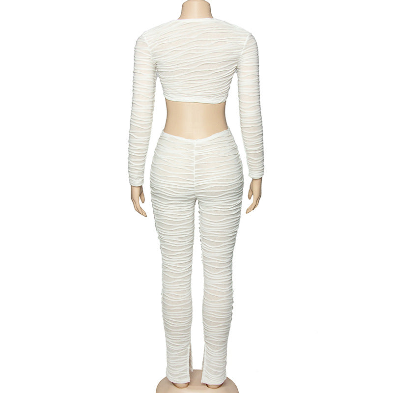 Women Autumn Solid Lace-up Wavy Stripe Crop Top and Pants Two-piece Set 10