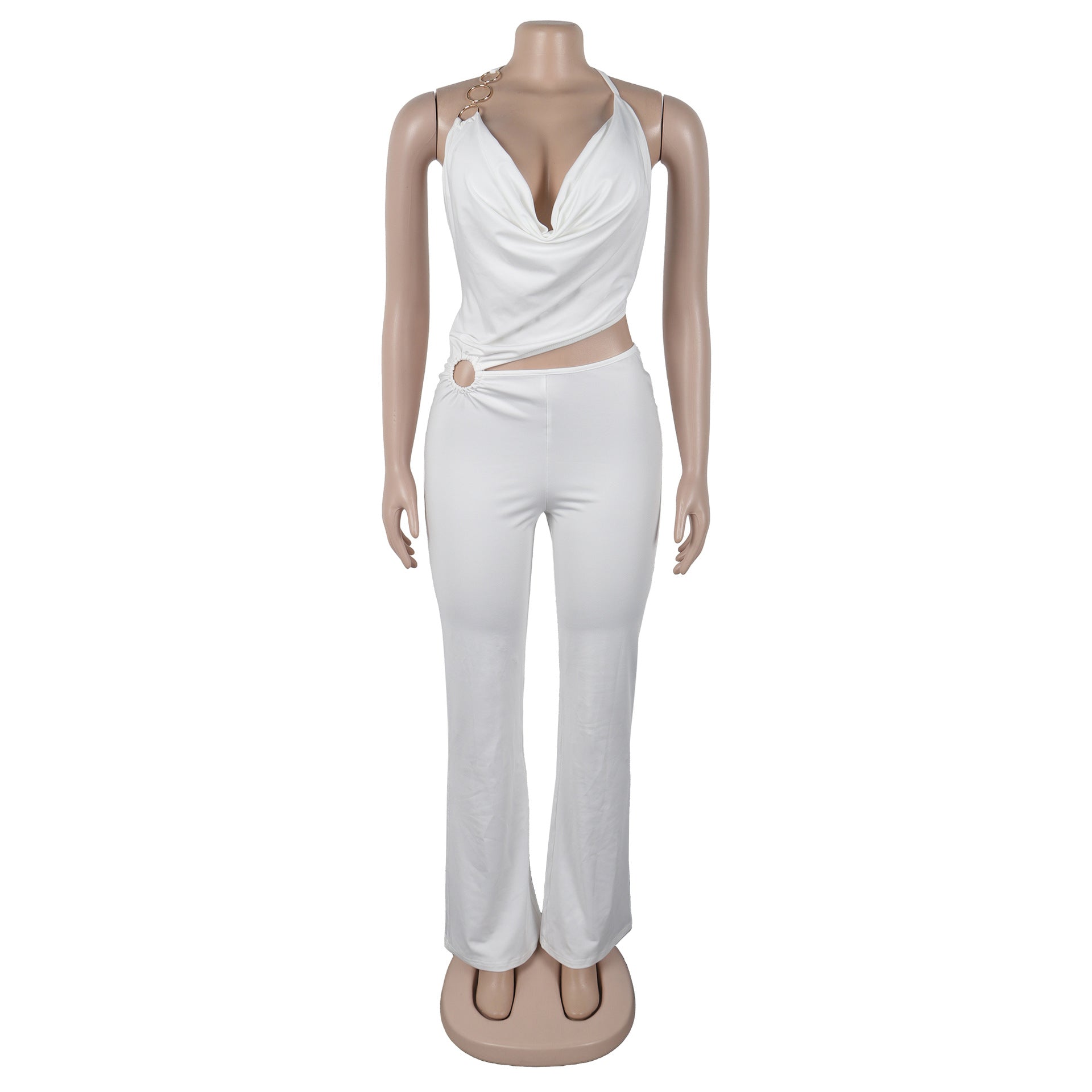 Elegant Sexy Slim Elastic Hollow Ring Halter Neck Lace-Up Jumpsuit 13