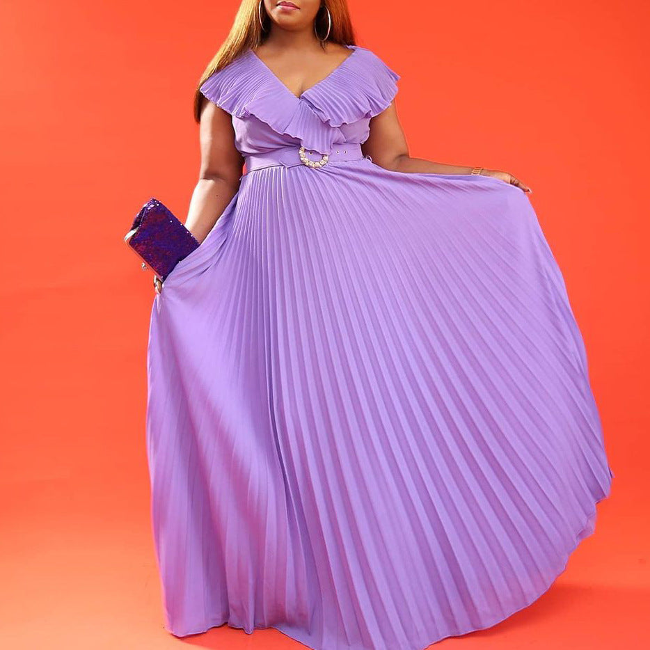 Women Summer Sexy Ruffled Pleated Maxi Dress with Belt 6