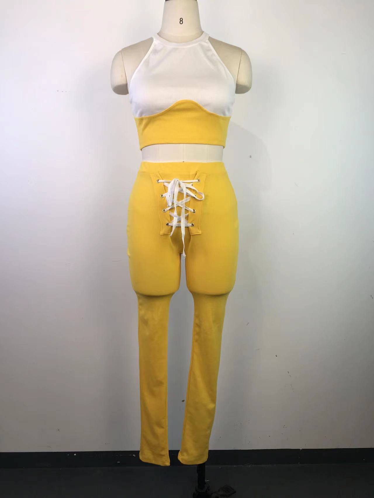 Women's Sexy Ribbed Suit Round Neck Tank Top Pencil Pants Lace-Up Two Piece Summer Set 18