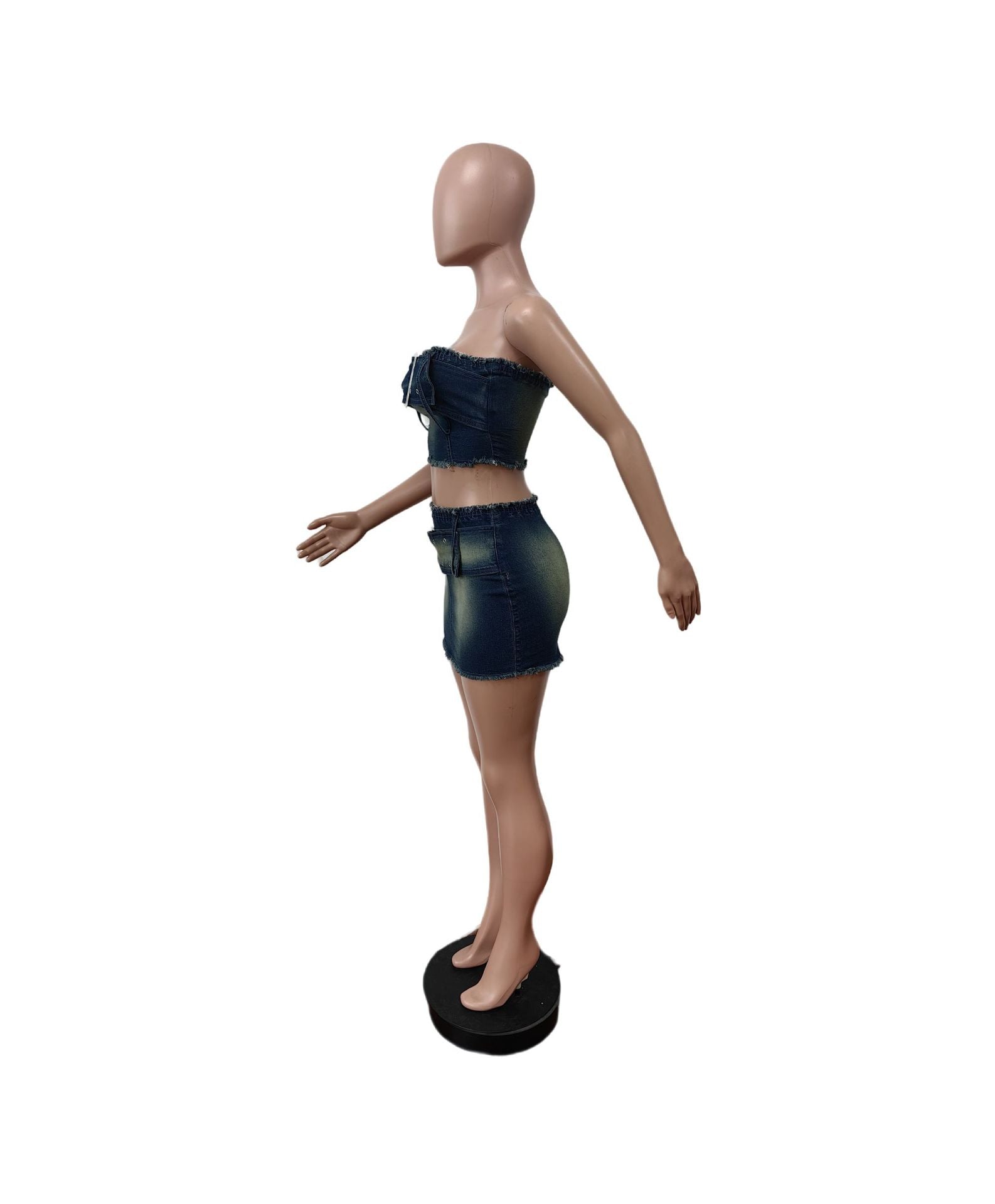 Summer Strapless Belt Elastic Denim Skirt Set 7