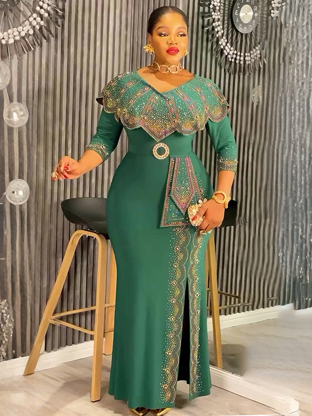 Africa Plus Size Women's Fashion Chic Elegant Formal Party Beaded V-Neck Dress 7