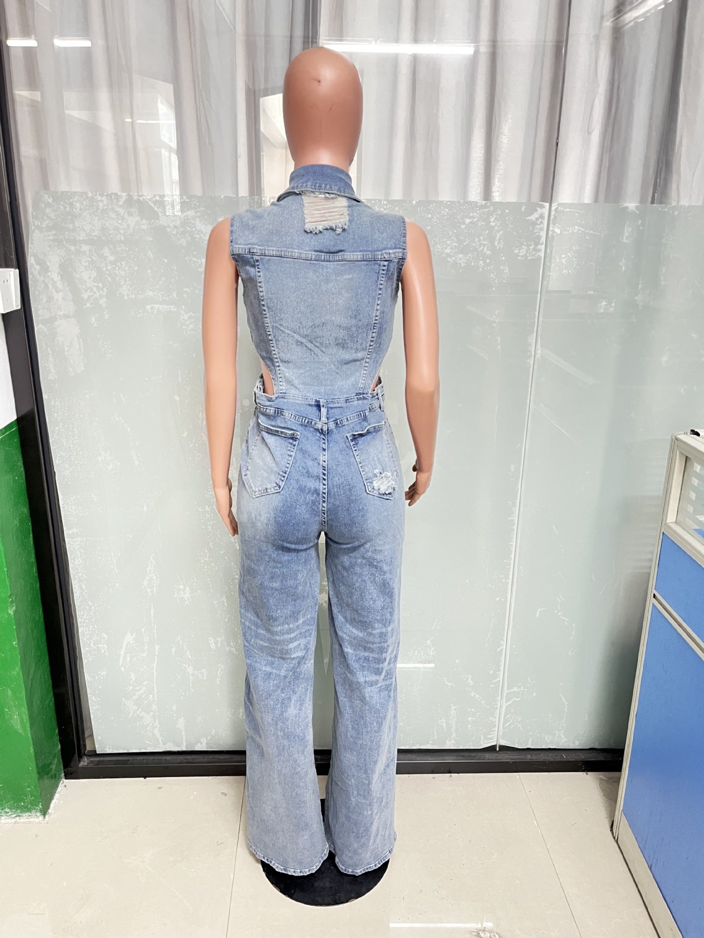 Tight Waist Slim Straight Loose Leg Washed Denim Jumpsuit 5