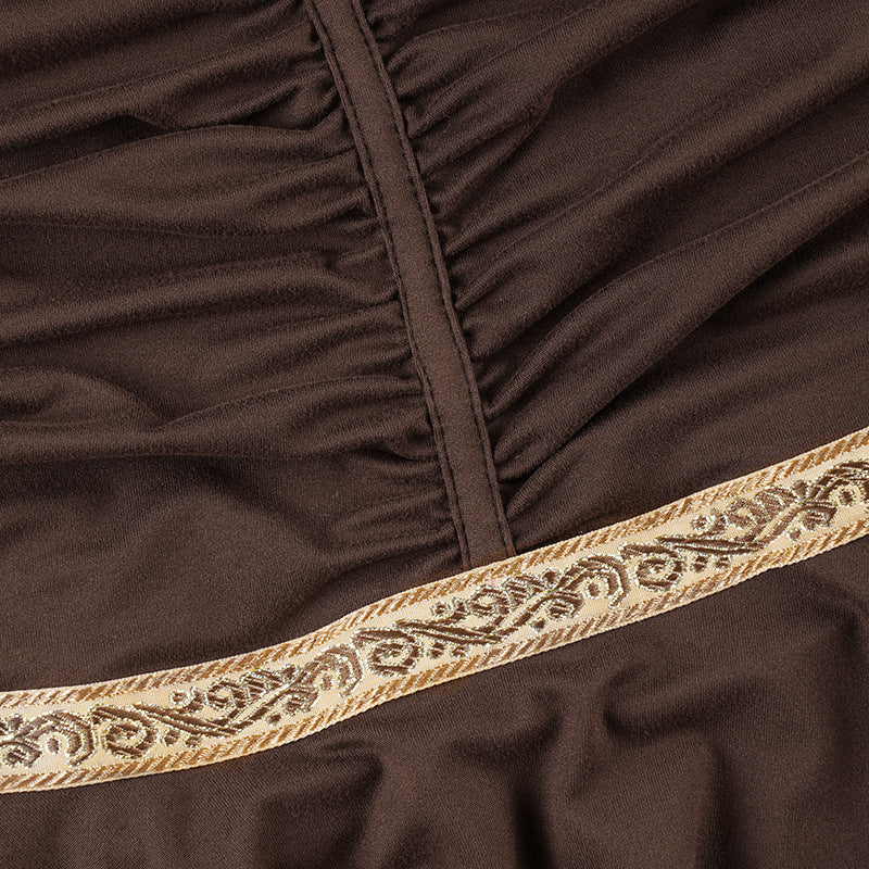 Women American-Style V-Neck Ethnic Ribbon Contrast Color Patchwork irregular pleated Halter Neck dress 15