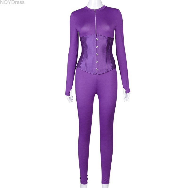 Women's Autumn Solid Color Corset Zipper Tight Fitting Casual Jumpsuit Two Piece Set 4