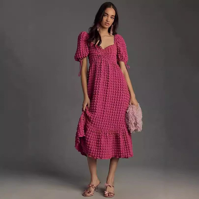 Women Bubble Elegant Short Sleeve French Lace Holidays Dress 6