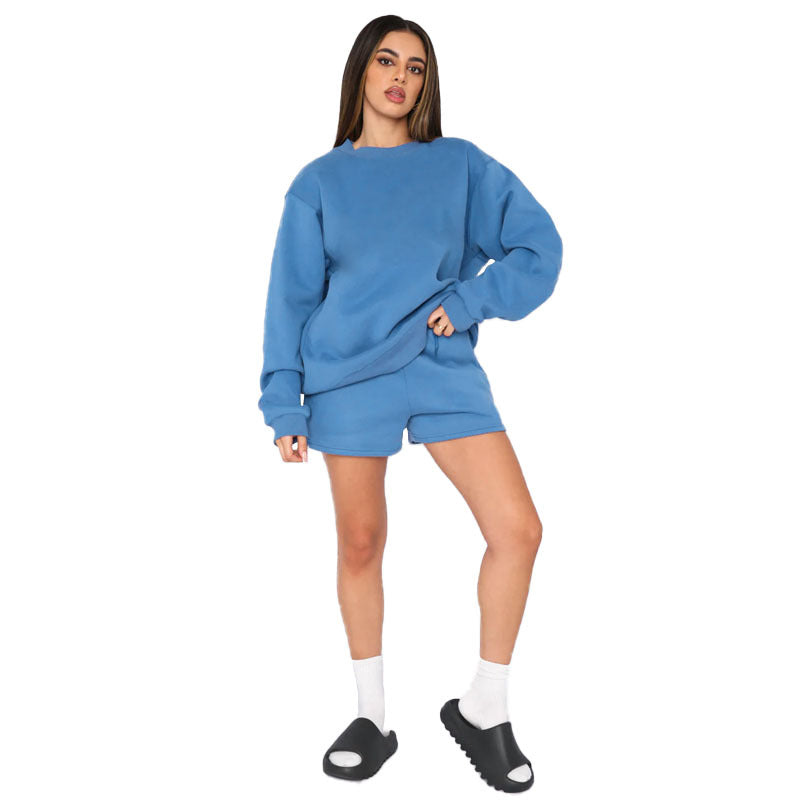 Fall Winter Solid Color Round Neck Pullover Long Sleeve Hoodies Women's Fashion Casual Shorts Two Piece Set 4